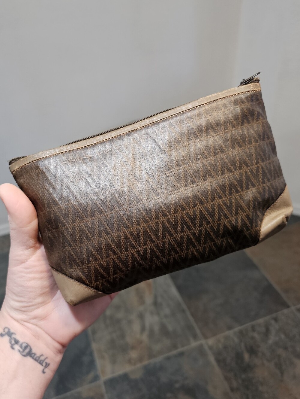 Mario Valentino Brown Monogram Cosmetic Pouch EUC - Picture 3 of 14
